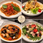 Collage mit Pasta, Calamari, Meeresfrüchten und Vorspeise im Il Salotto